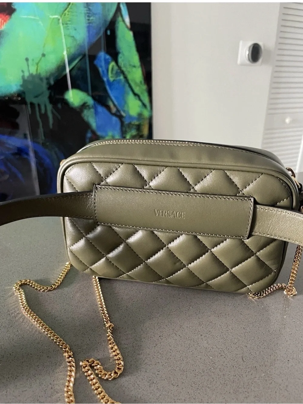 Versace Quilted Olive Green Leather Crossbody with Gold Medallion